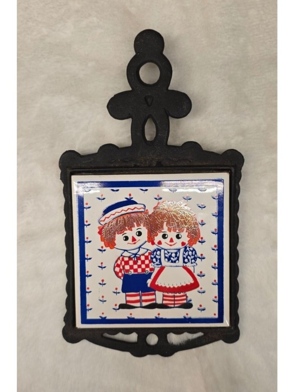 Vintage Cast Iron Raggedy Ann & Andy Ceramic Tile Trivet or Wall Decor Retro